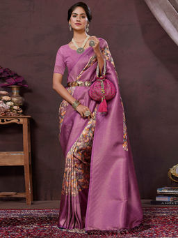 SANSKAR - Lavender Floral Pure Khadi Silk Zari Digital Print Saree with Unstitched Blouse