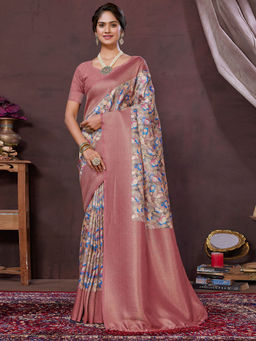 SANSKAR - Peach Floral Pure Khadi Silk Zari Weaved Digital Print Saree with Unstitched Blouse