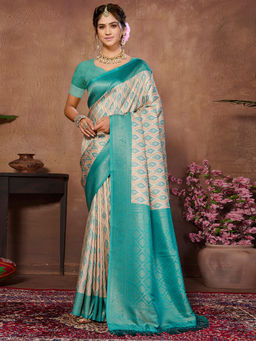SANSKAR - Turquoise Geometric Pure Khadi Silk Zari Digital Print Saree with Unstitched Blouse