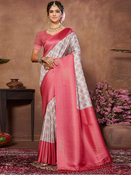 SANSKAR - Red Geometric Pure Khadi Silk Zari Weaved Digital Print Saree with Unstitched Blouse