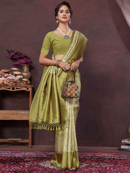 SANSKAR - Green Floral Pure Khadi Silk Zari Weaved Digital Print Saree with Unstitched Blouse