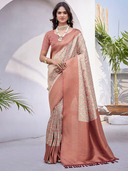 SANSKAR - Peach Floral Pure Khadi Silk Zari Weaved Digital Print Saree with Unstitched Blouse