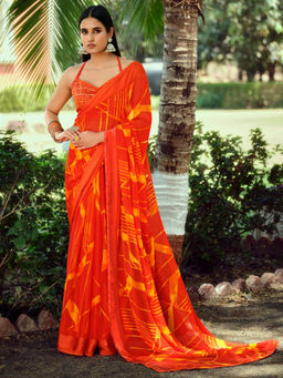 SANSKAR - Orange Abstract Print Chiffon Stitched Border Saree with Unstitched Blouse