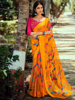 SANSKAR - Yellow Abstract Print Chiffon Stitched Border Saree with Unstitched Blouse