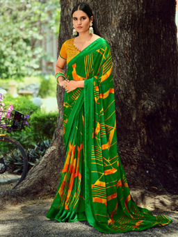 SANSKAR - Green Abstract Print Chiffon Stitched Border Saree with Unstitched Blouse