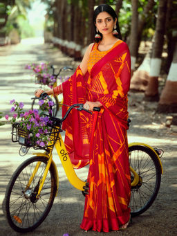 SANSKAR - Red Abstract Print Chiffon Stitched Border Saree with Unstitched Blouse