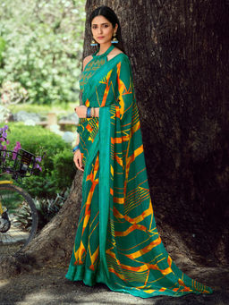 SANSKAR - Teal Abstract Print Chiffon Stitched Border Saree with Unstitched Blouse