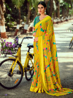 SANSKAR - Yellow Abstract Print Chiffon Stitched Border Saree with Unstitched Blouse