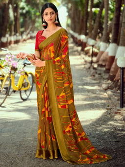 SANSKAR - Olive Abstract Print Chiffon Stitched Border Saree with Unstitched Blouse