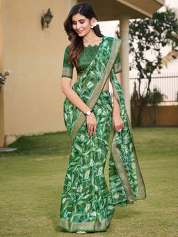 SANSKAR - Green Cotton Leaf Zari Bordered Printed Saree with Unstitched Blouse