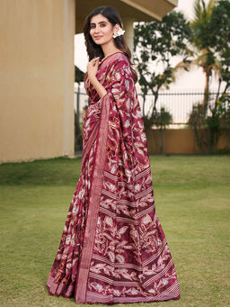 SANSKAR - Wine Cotton Paisley Zari Printed Saree with Unstitched Blouse