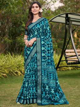 SANSKAR - Blue Cotton Leaf Zari Bordered Printed Saree with Unstitched Blouse