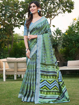 SANSKAR - Green Cotton Abstract Zari Bordered Printed Saree with Unstitched Blouse