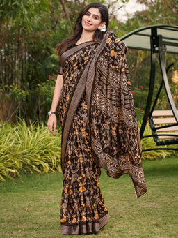 SANSKAR - Brown Cotton Paisley Zari Bordered Printed Saree with Unstitched Blouse