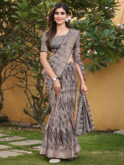 SANSKAR - Grey Cotton Leaf Zari Bordered Printed Saree with Unstitched Blouse