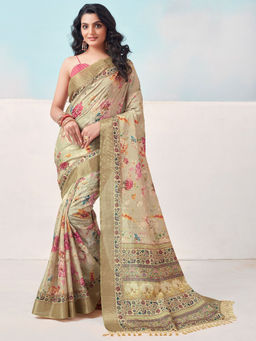 SANSKAR - Green Cotton Silk Floral Print Tasselled Saree with Unstitched Blouse