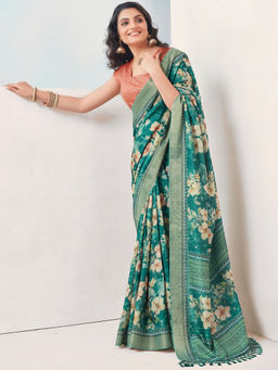 SANSKAR - Green Cotton Silk Floral Print Tasselled Saree with Unstitched Blouse