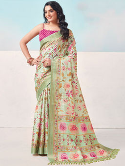 SANSKAR - Green Cotton Silk Floral Print Tasselled Saree with Unstitched Blouse