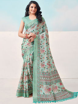 SANSKAR - Turquoise Cotton Silk Floral Print Tasselled Saree with Unstitched Blouse