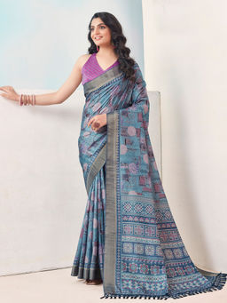 SANSKAR - Blue Cotton Silk Floral Print Tasselled Saree with Unstitched Blouse