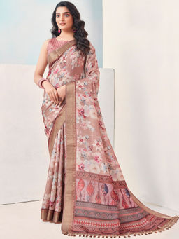 SANSKAR - Peach Cotton Silk Floral Print Tasselled Saree with Unstitched Blouse