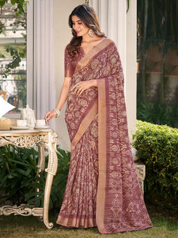 SANSKAR - Brown Silk Leaf Zari Bordered Printed Saree with Unstitched Blouse