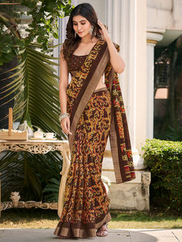 SANSKAR - Brown Silk Leaf Zari Bordered Printed Saree with Unstitched Blouse