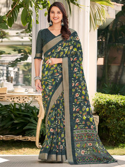 SANSKAR - Green Silk Floral Zari Bordered Printed Saree with Unstitched Blouse