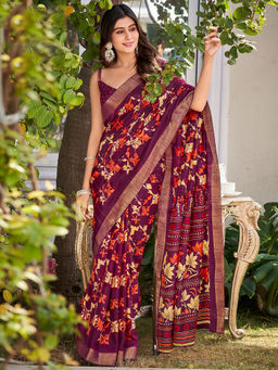 SANSKAR - Purple Silk Ikkat Zari Bordered Printed Saree with Unstitched Blouse