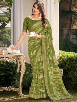 SANSKAR - Green Silk Paisley Zari Bordered Printed Saree with Unstitched Blouse