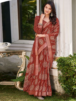 SANSKAR - Red Silk Floral Zari Bordered Printed Saree with Unstitched Blouse