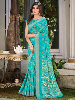 SANSKAR - Blue Silk Ikkat Zari Bordered Printed Saree with Unstitched Blouse