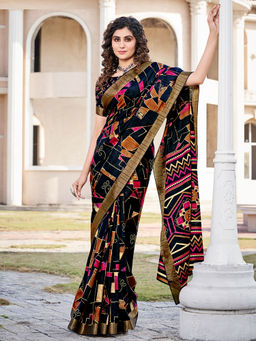 SANSKAR - Black Silk Abstract Zari Bordered Printed Saree with Unstitched Blouse