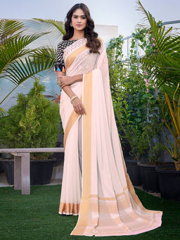 SANSKAR - Peach Pure Chiffon Woven Weaved Bordered Saree with Unstitched Blouse