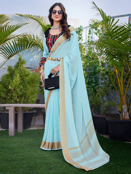 SANSKAR - Turquoise Pure Chiffon Woven Weaved Bordered Saree with Unstitched Blouse