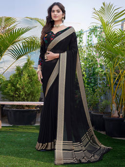 SANSKAR - Black Pure Chiffon Woven Weaved Bordered Saree with Unstitched Blouse