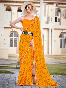 SANSKAR - Yellow Bemberg Georgette Abstract Print Saree with Unstitched Blouse