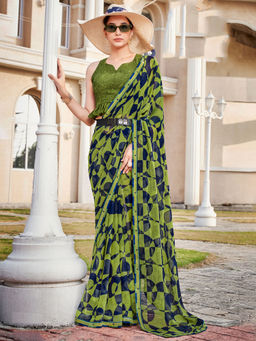 SANSKAR - Green Bemberg Georgette Abstract Print Saree with Unstitched Blouse
