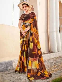 SANSKAR - Rust Bemberg Georgette Abstract Print Saree with Unstitched Blouse