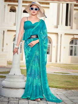 SANSKAR - Turquoise Bemberg Georgette Abstract Print Saree with Unstitched Blouse
