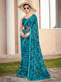 SANSKAR - Blue Bemberg Georgette Leaf Print Saree with Unstitched Blouse