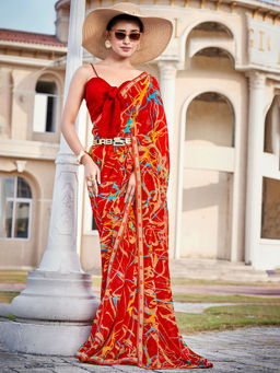 SANSKAR - Red Bemberg Georgette Abstract Print Saree with Unstitched Blouse