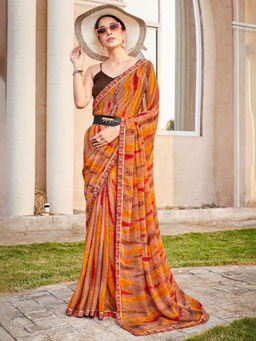 SANSKAR - Yellow Bemberg Georgette Abstract Print Saree with Unstitched Blouse