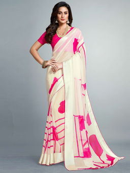 SANSKAR - Pink Chiffon Cotton Foil Printed Saree with Unstitched Blouse
