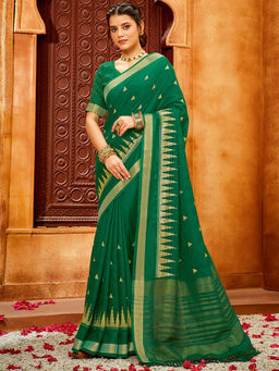 SANSKAR - Green Cotton Embellished Zari Weaved Border Saree with Unstitched Blouse