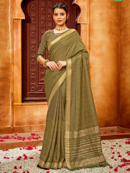 SANSKAR - Olive Cotton Embellished Zari Weaved Border Saree with Unstitched Blouse