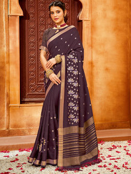 SANSKAR - Wine Cotton Embellished Zari Weaved Border Saree with Unstitched Blouse