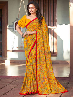 SANSKAR - Yellow Chevron Bemberg Georgette Printed Saree with Unstitched Blouse