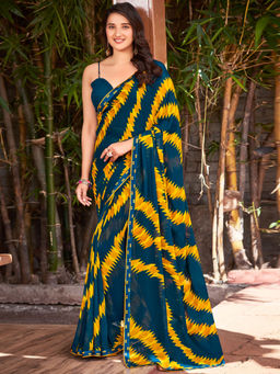 SANSKAR - Blue Chevron Bemberg Georgette Printed Saree with Unstitched Blouse