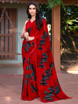 SANSKAR - Red Abstract Bemberg Georgette Printed Saree with Unstitched Blouse